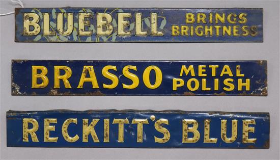 Three blue tin enamel signs - Reckits Blue, Brasso Metal Polish and Bluebell Brings Brightness longest 32cm